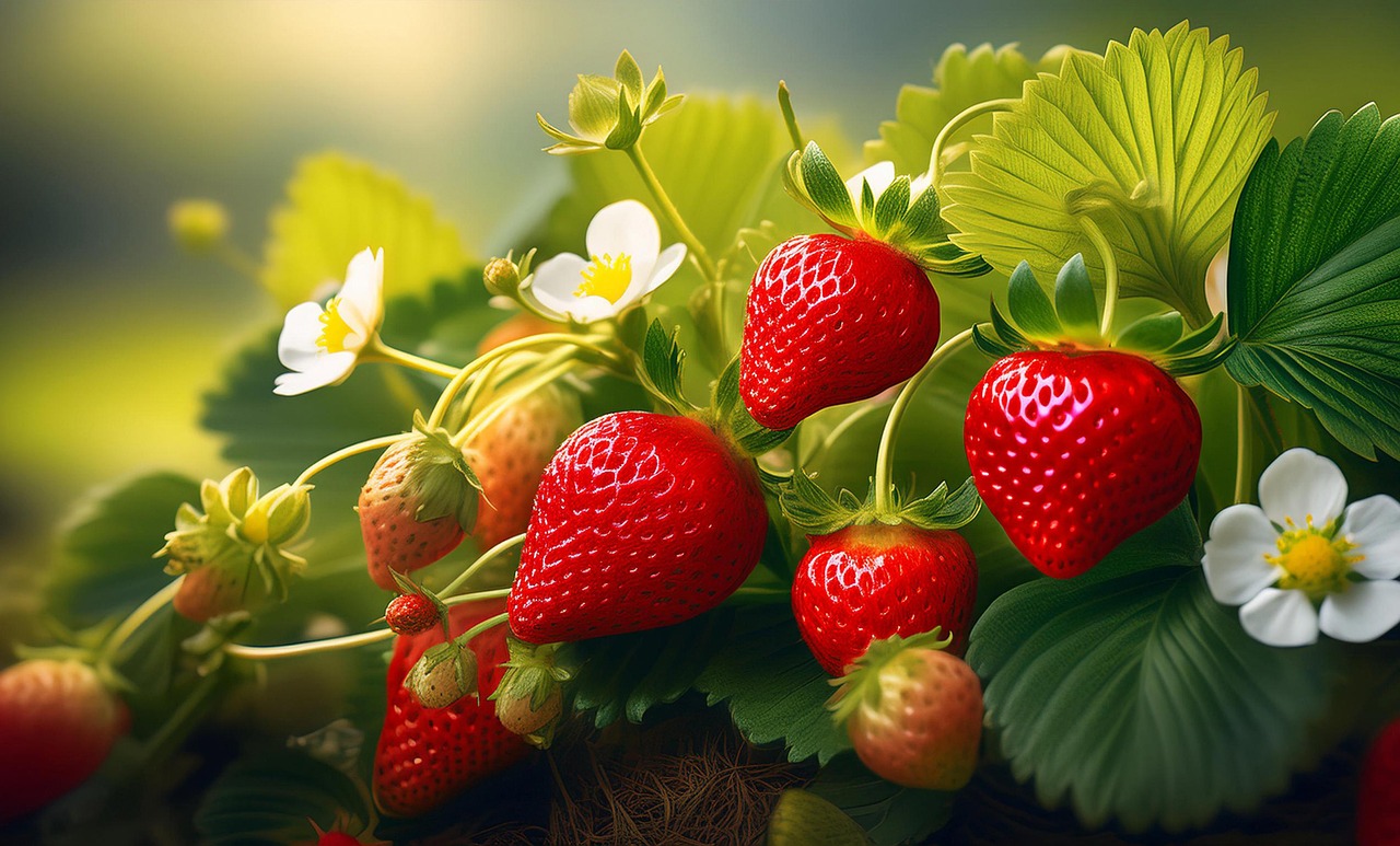 Quand manger les fraises du Valais ? 1 Fraises rouges parmi des feuilles vertes.